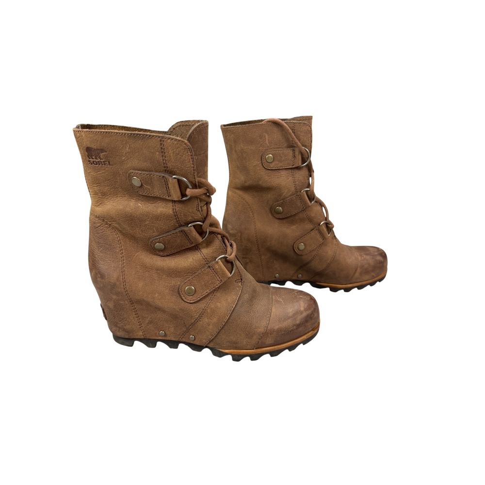 Sorel Joan of Arctic Wedge II Brown Leather Lace Up Ankle Boots Womens 8 NL2305